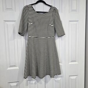 Pixley by Stitch Fix Kathy Black Striped Stretch Fit & Flare V-Back Dress Size M